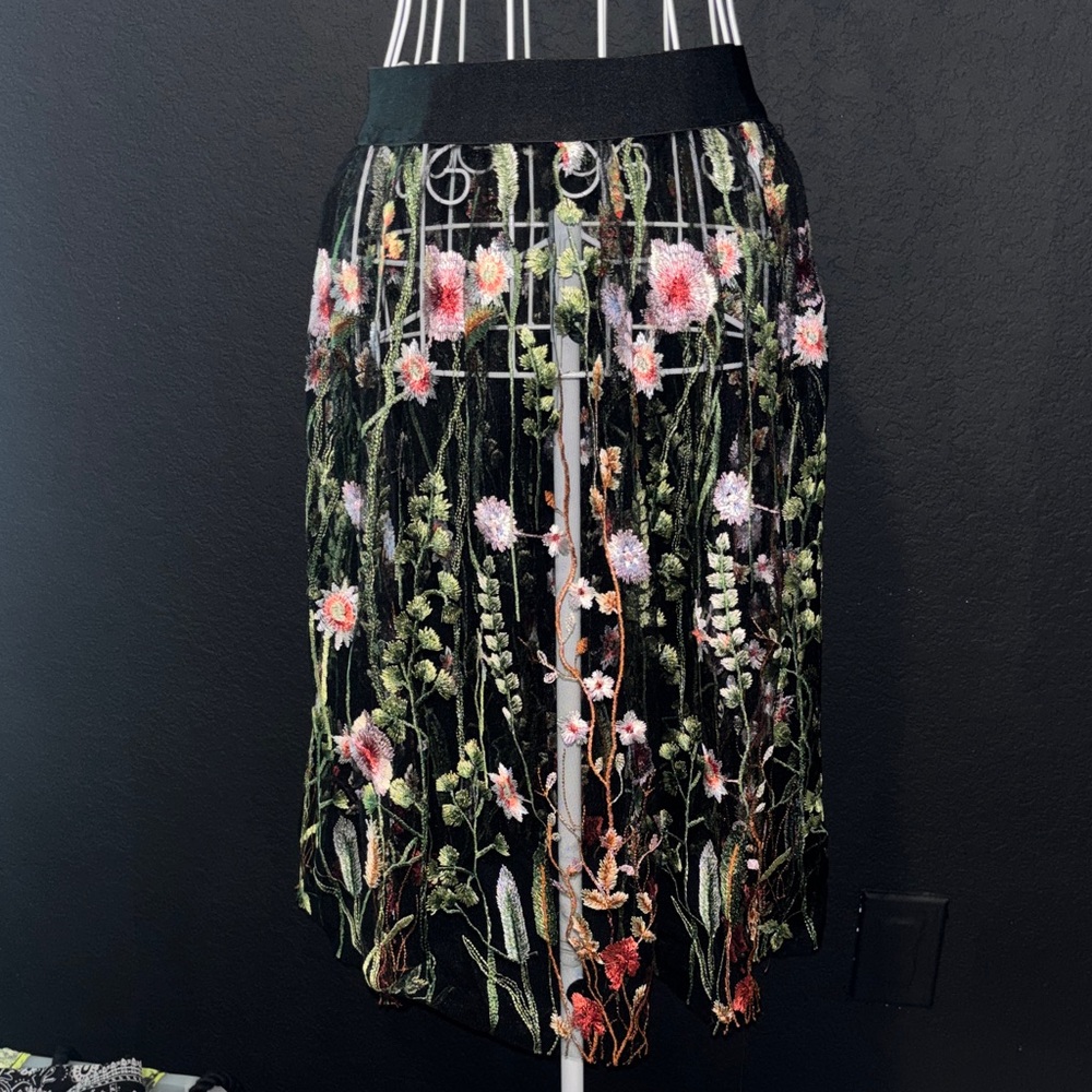 iris Black Sheer Midi Skirt with Multicolor Floral Embroidery